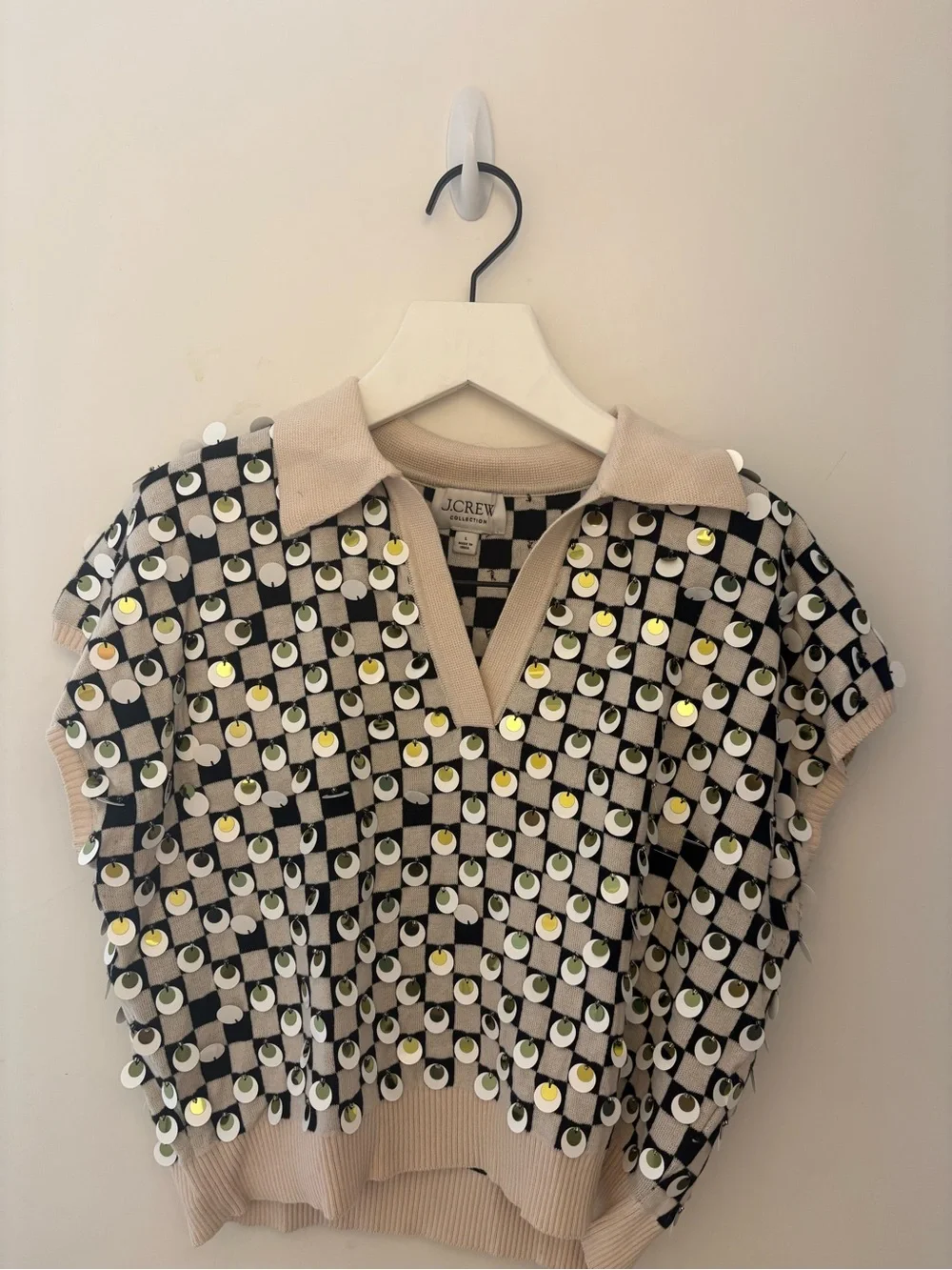 J. Crew Black, White & Beige Sequin Checker Polo Vest - Picture 2 of 3